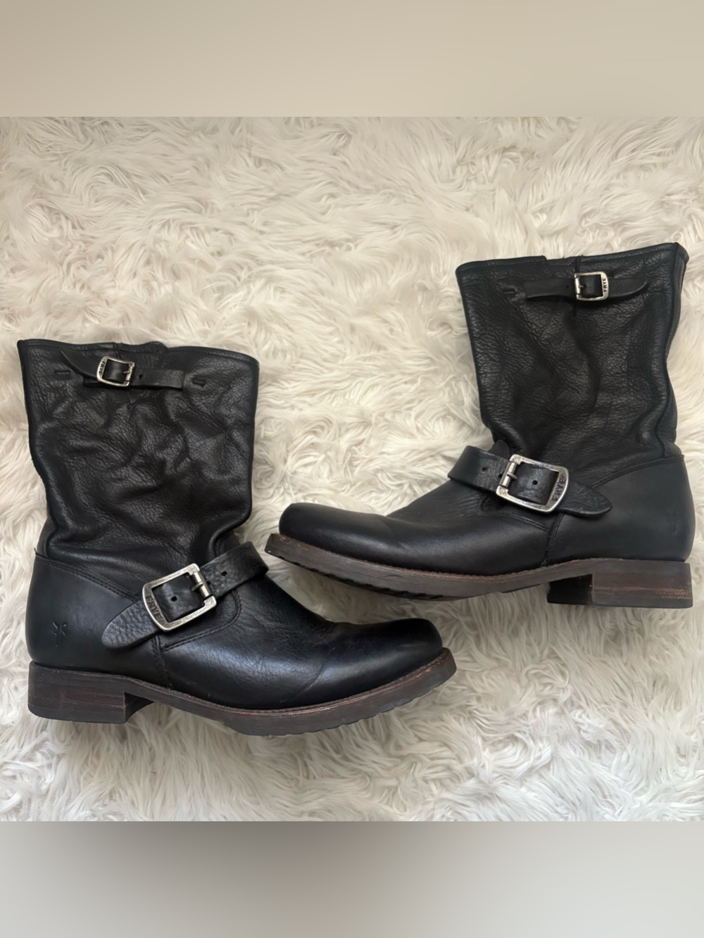 Frye Black Leather Mid-Calf Buckle Moto Boots